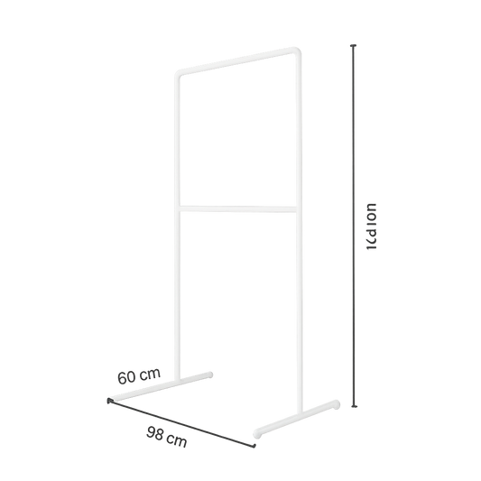 Freestanding clothes rack with space-saving hanging space in white over two levels
