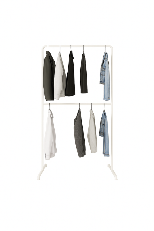 Freestanding clothes rack with space-saving hanging space in white over two levels